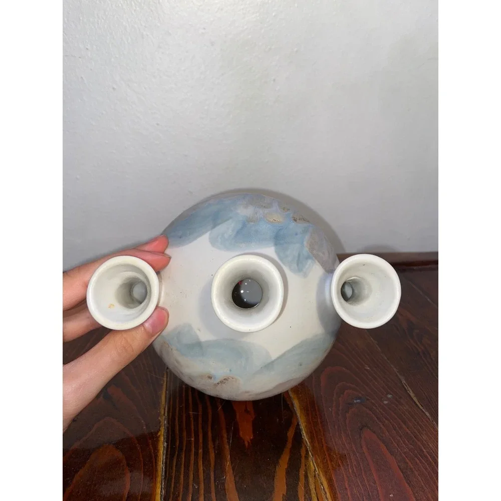 Signed Studio Pottery‎ Triple Spout Bud Vase White Blue Abstract Glaze KS Artist